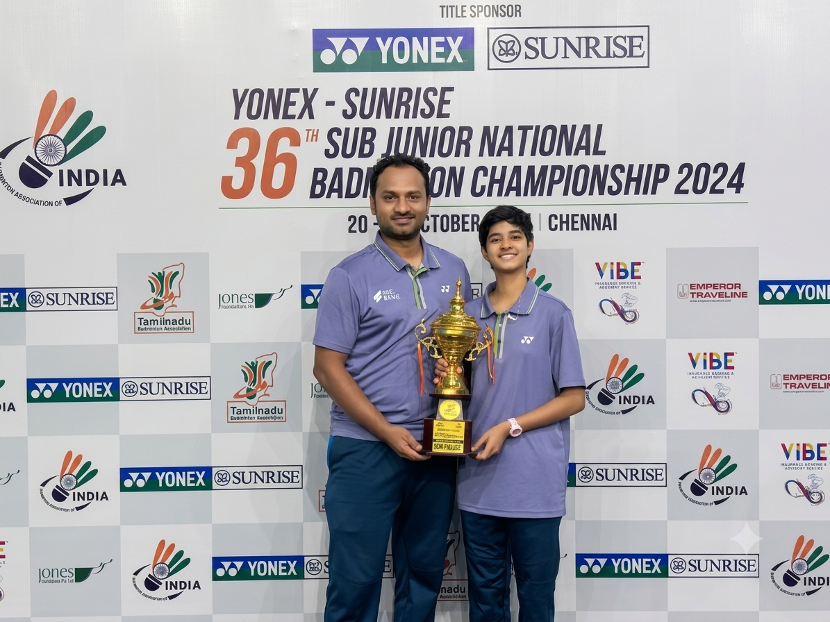 Coach Mohit Kamat with his student at the 36th Yonex-Sunrise Sub-Junior National Championship