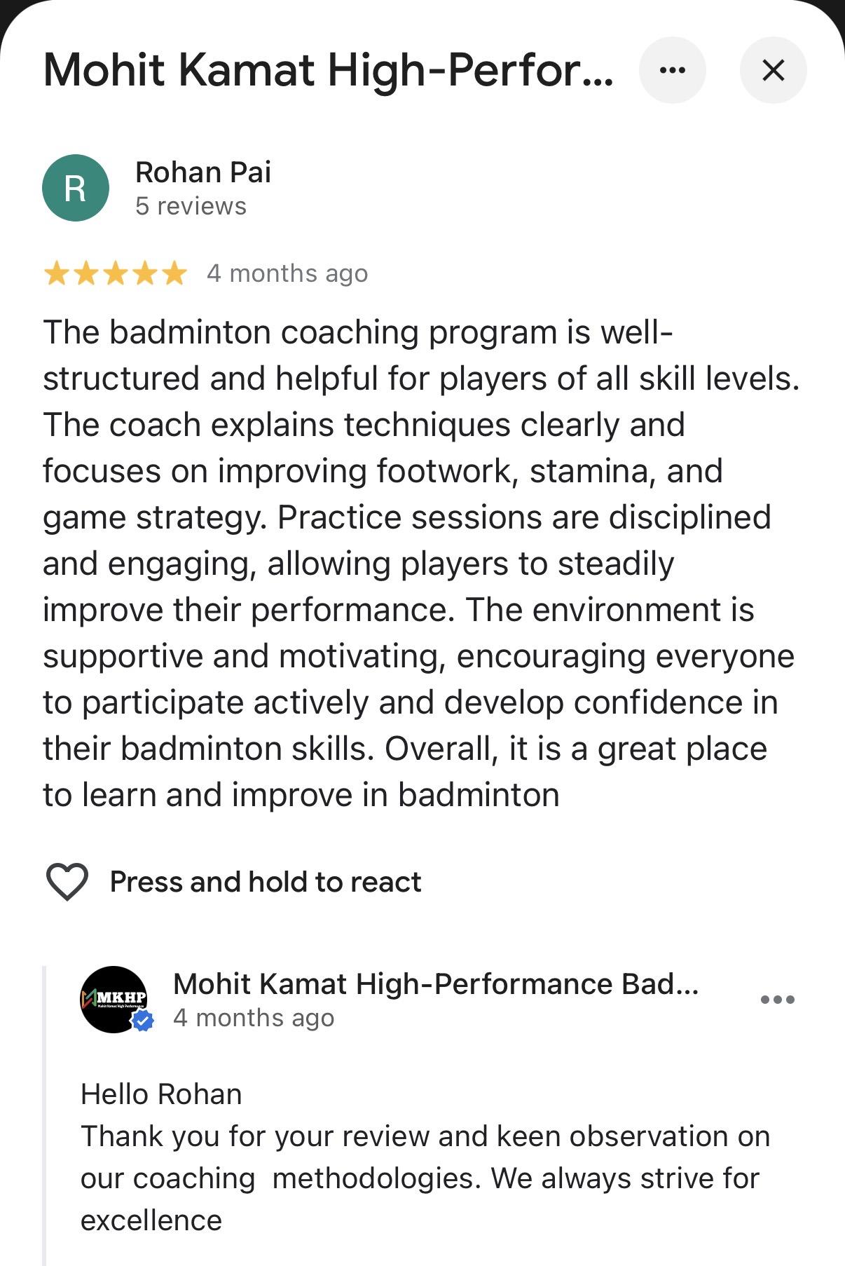 Google review from Sunil Kumar