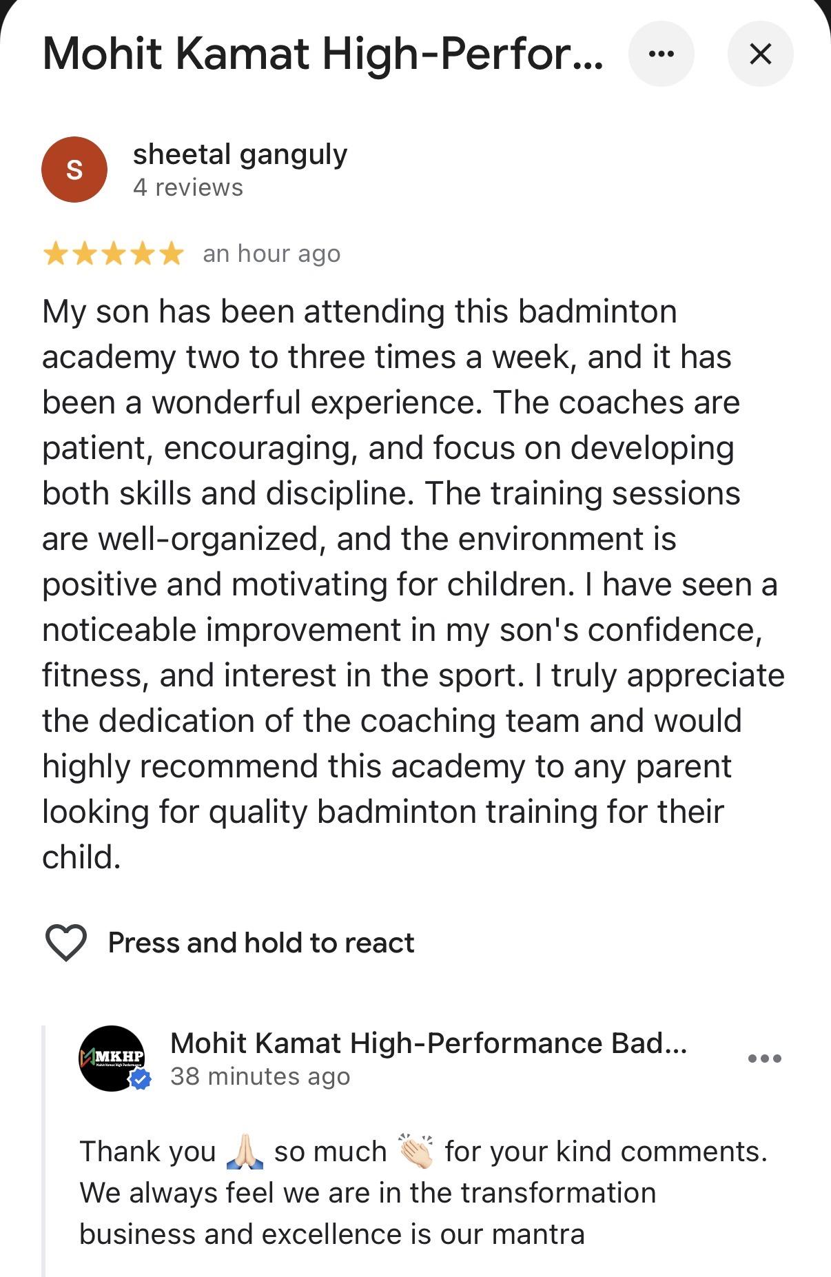 Google review from Naveen H K